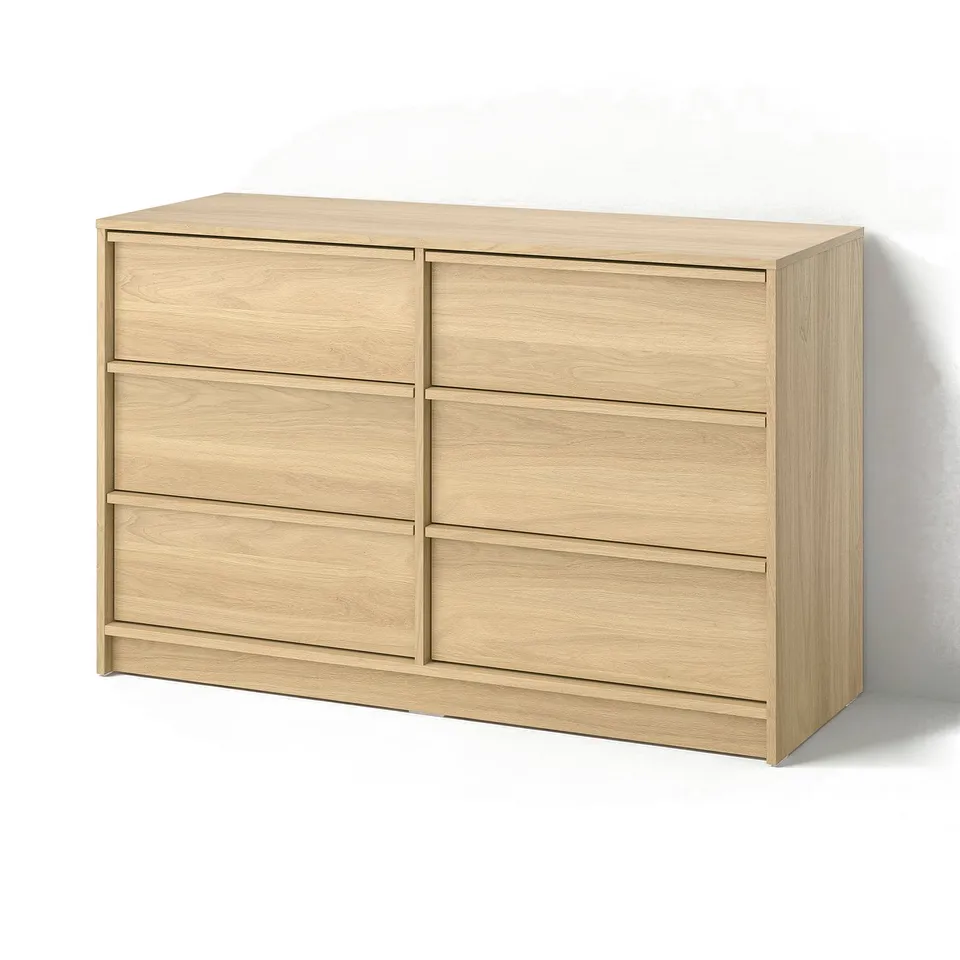 Scandinavian-style light oak chest of 6 drawers, sleek design with integrated handles for modern storage.