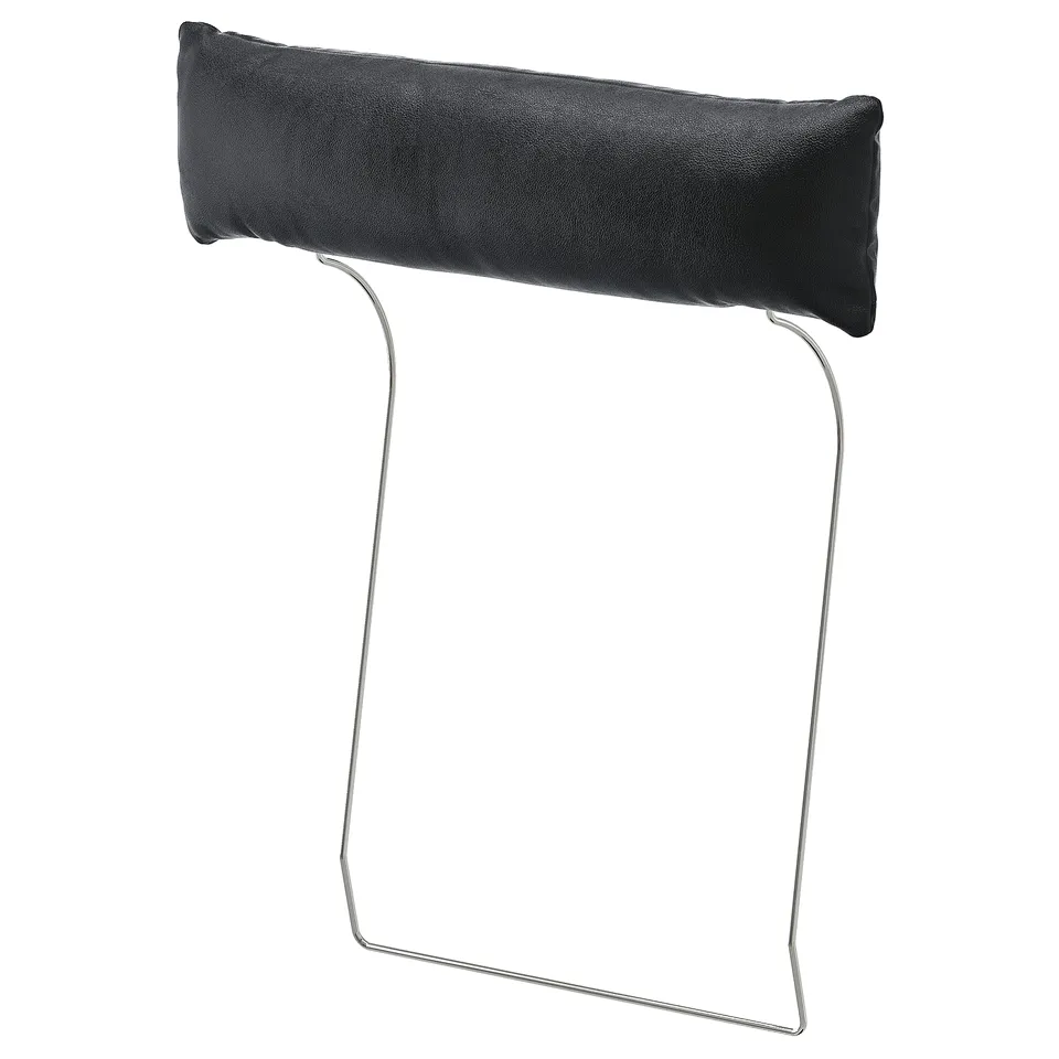 VIMLE black leather headrest for sofa, chrome frame, curved.