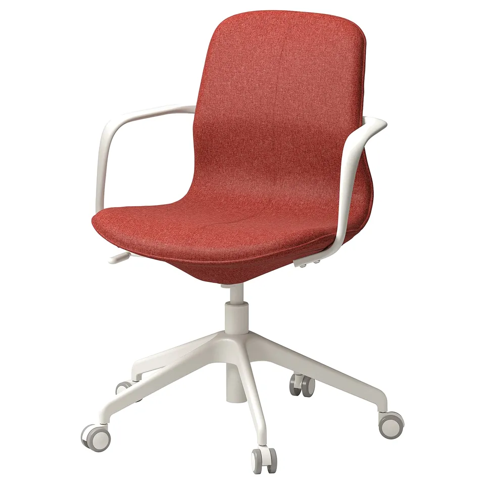 LÅNGFJÄLL office chair, red fabric, white frame, wheels, adjustable.