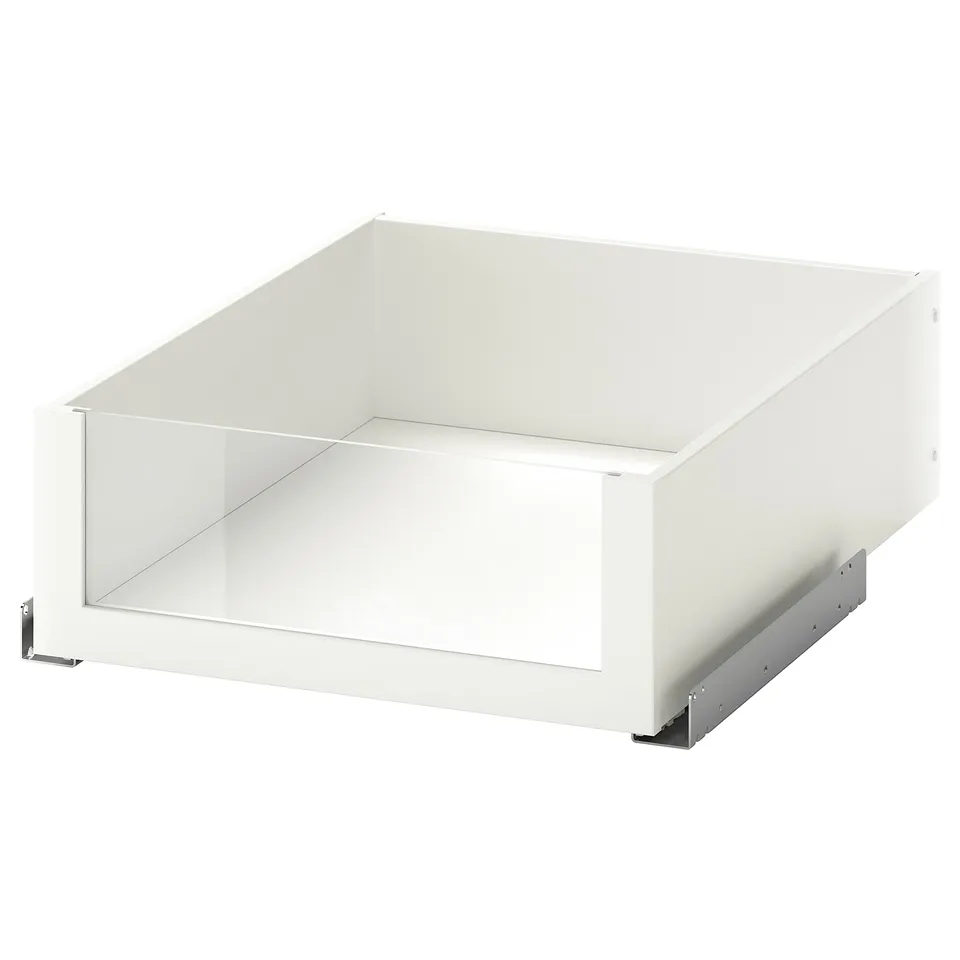 A white KOMPLEMENT drawer with a glass front, made of fibreboard and paper foil, designed for wardrobes.