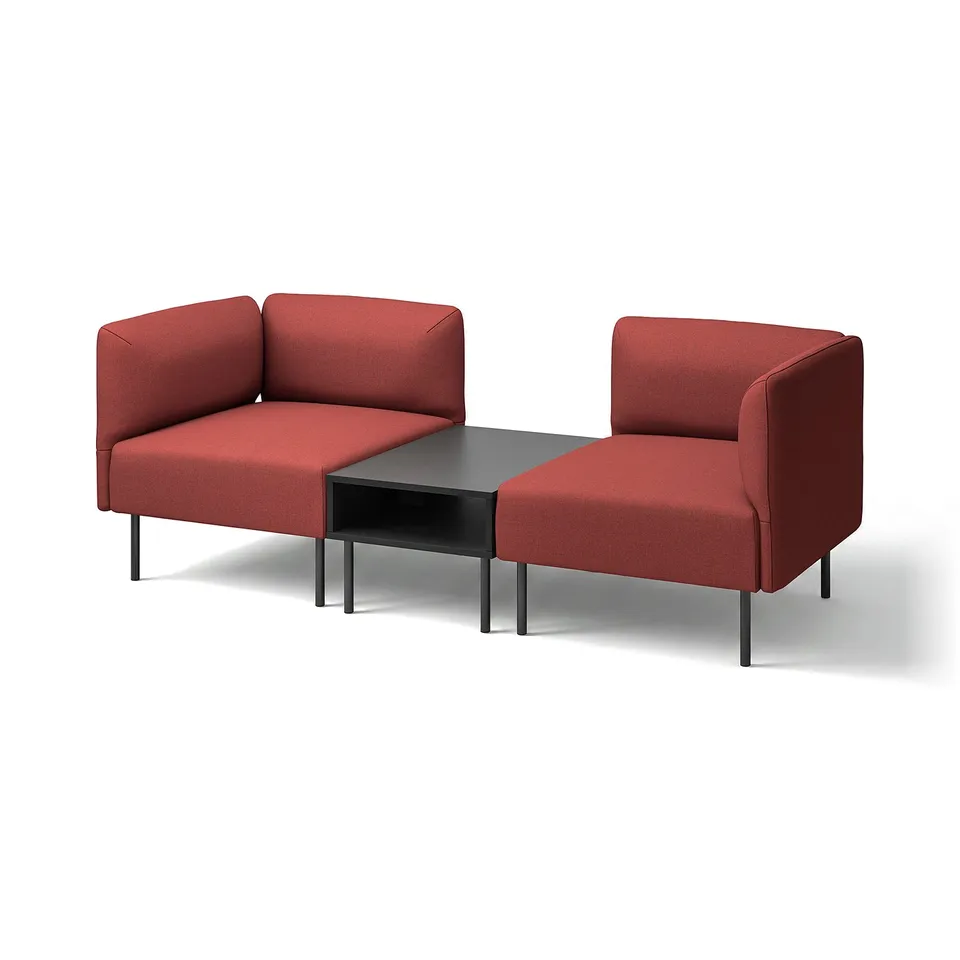 LILLEHEM modular sofa set in terracotta red. Modern, clean-lined with angled armrests and black metal legs. Includes a side table.