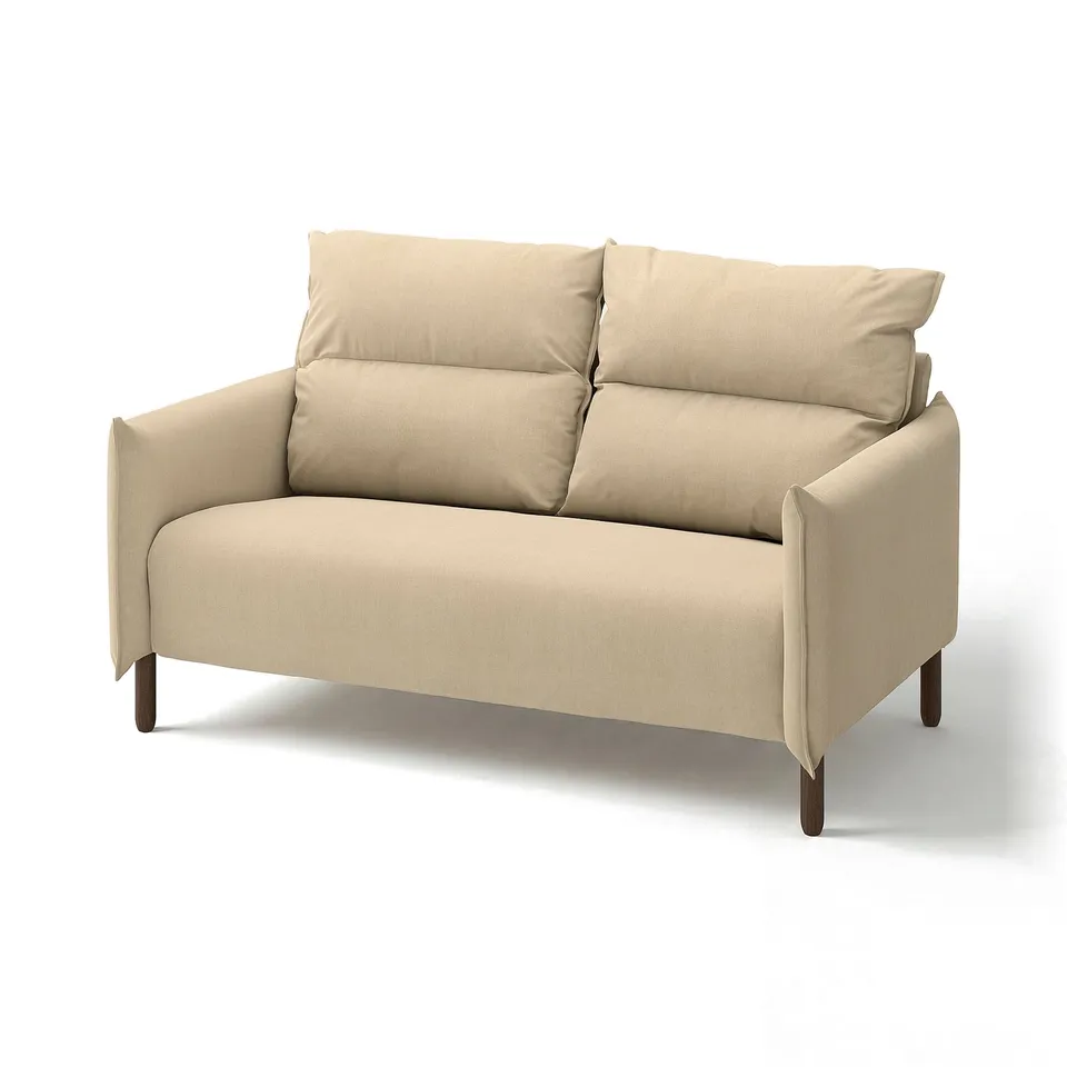 A beige-colored MANNARP sofa with a modern design and plush cushions. It has wooden legs and a high backrest for comfort.