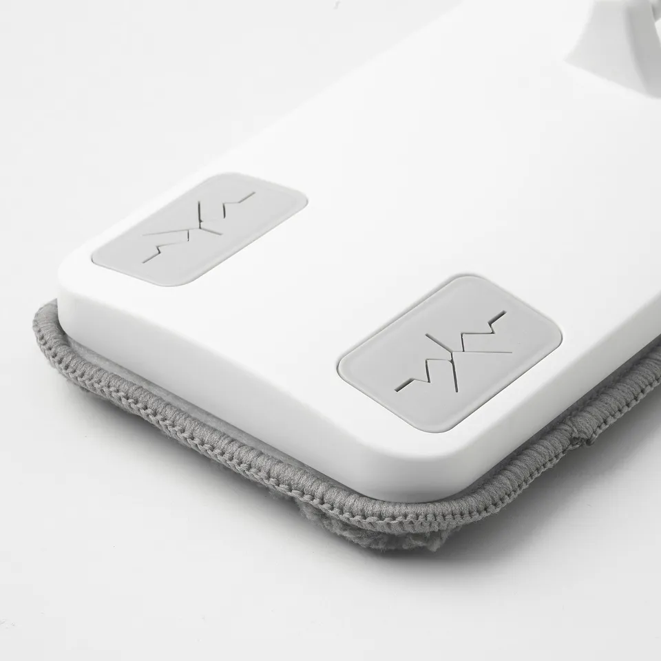 Two white microfiber mop pads, grey edges, high absorption, strong cleaning.