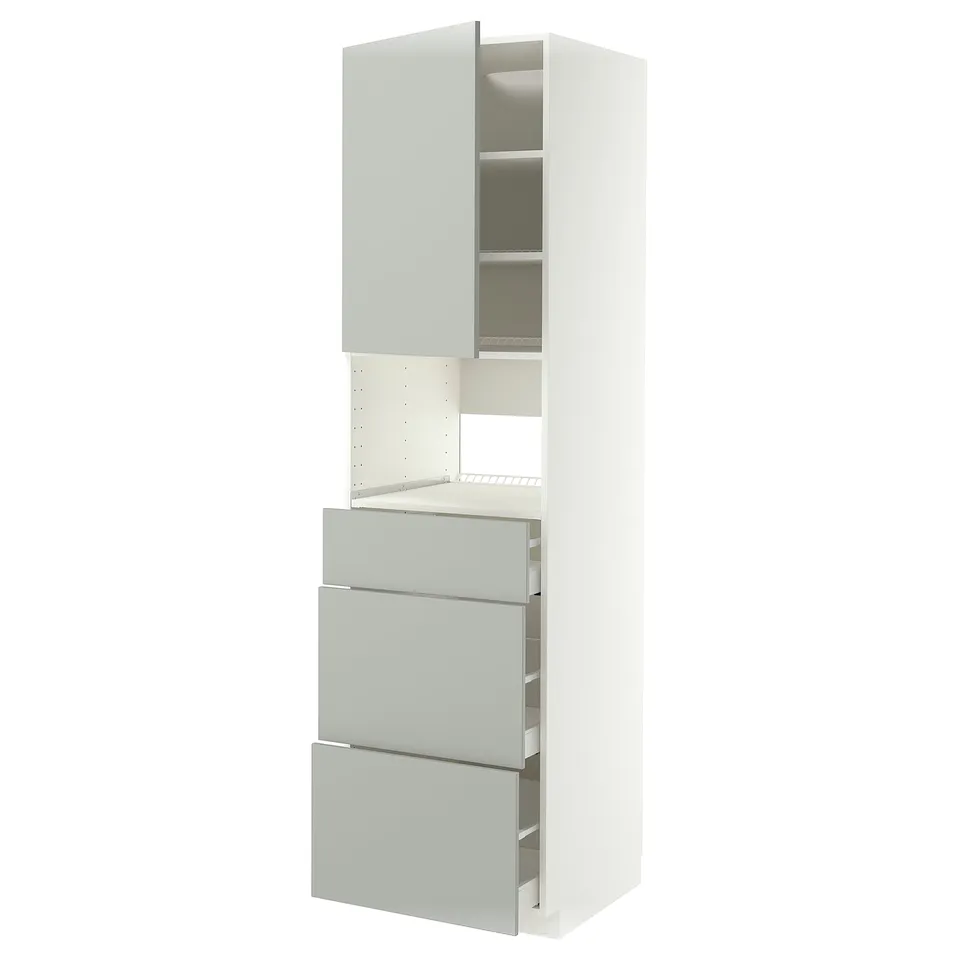 A modern white and light grey METOD kitchen cabinet with three drawers and an upper cabinet. The design includes clean lines and a sleek finish.