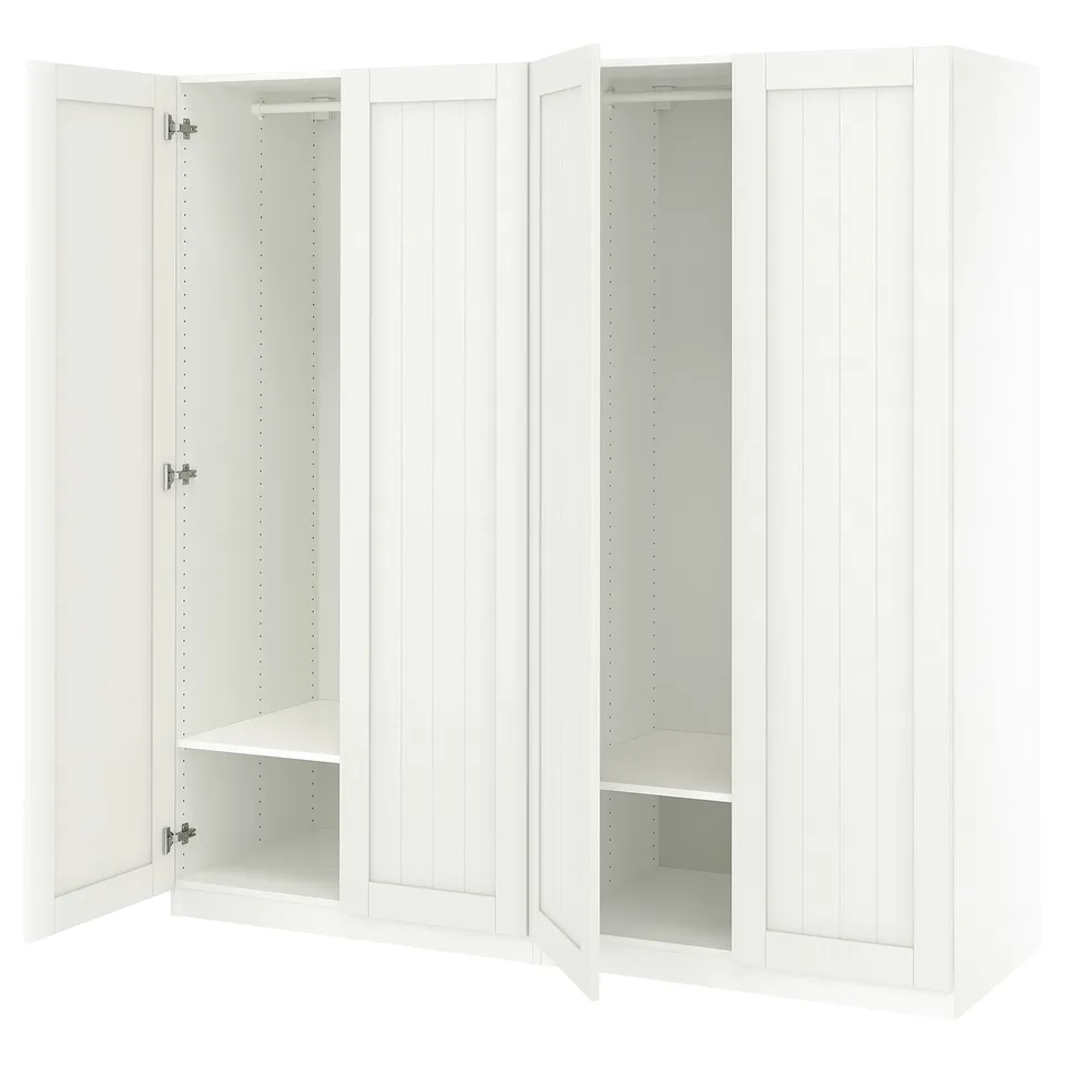 A white ikea PAX wardrobe set with open doors, showcasing empty shelves and a hanging rod.