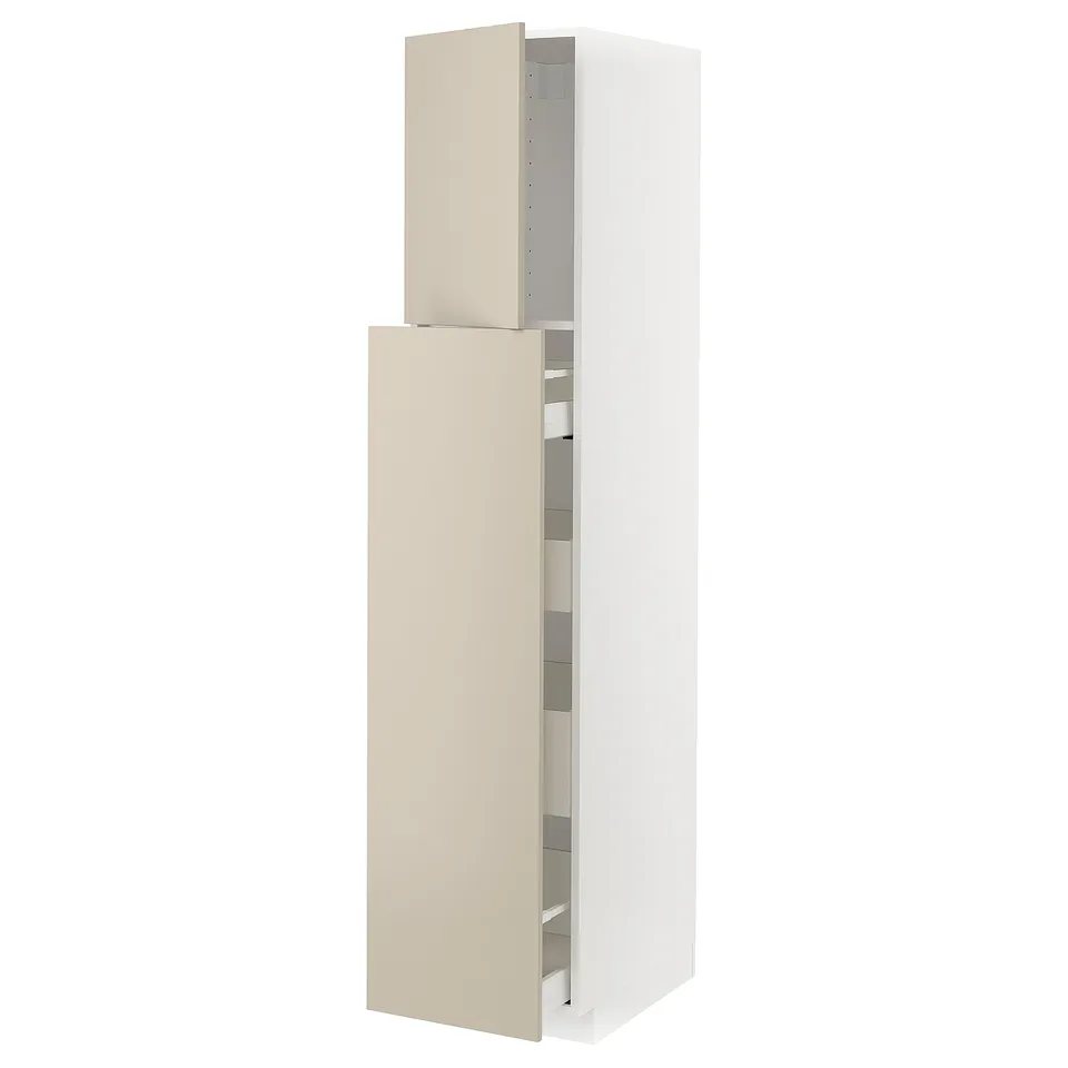 A tall white kitchen cabinet with two beige doors; one opened, revealing shelves inside.