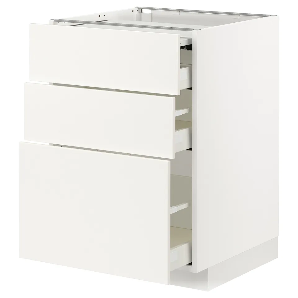 White METOD kitchen cabinet with 3 drawers and pull-out work surface.