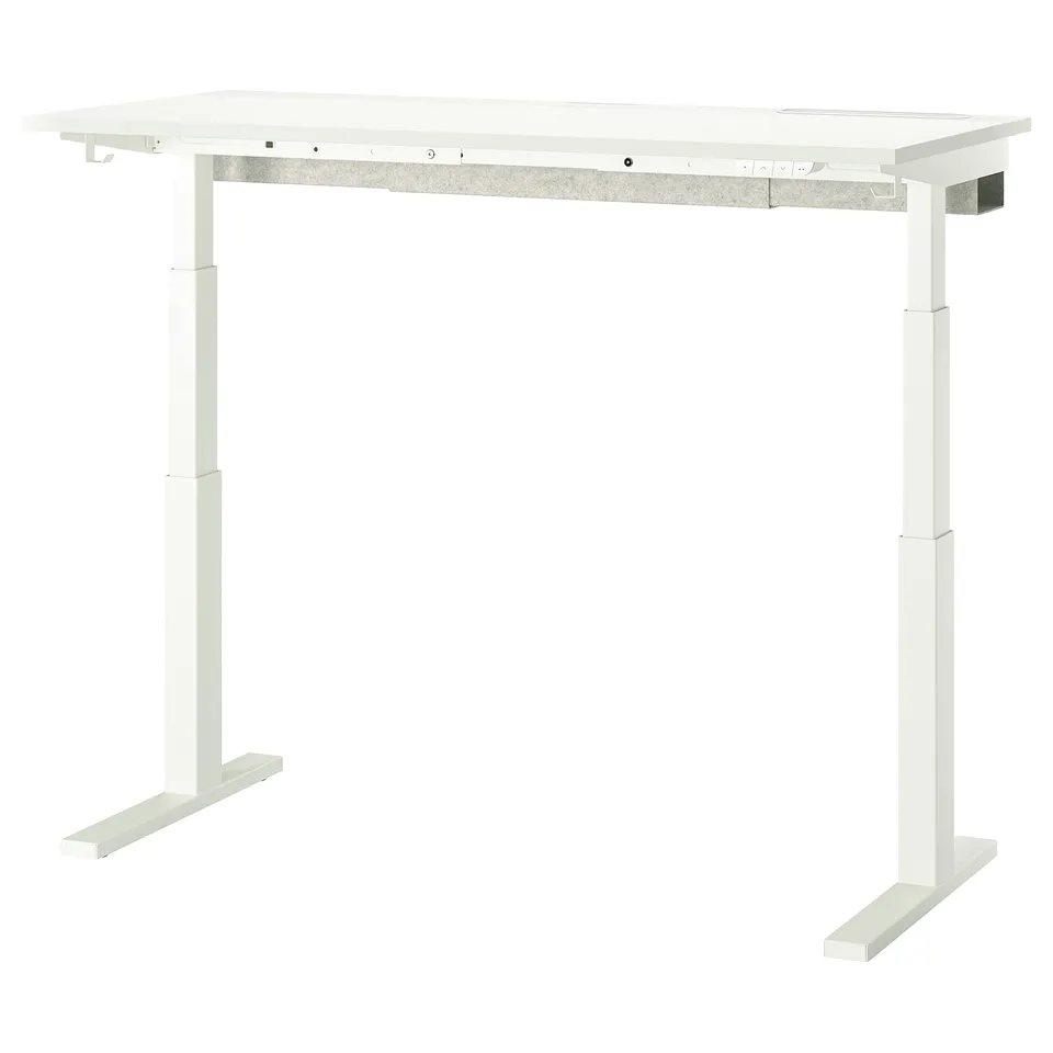 MITTZON sit-stand desk: white, rectangular, adjustable height, electric dual motors, sturdy metal frame, easy cable management.