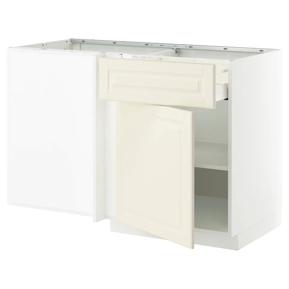 Ikea METOD kitchen unit, off-white, wooden, boxy design with drawer open.