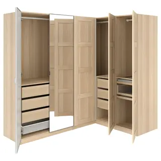 PAX / BERGSBO/ÅHEIM corner wardrobe, white stained oak effect/oak veneer mirror glass, Height 201.2 cm