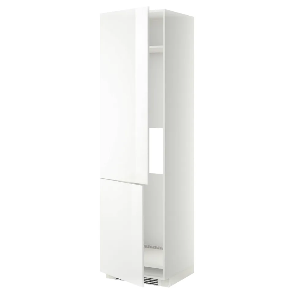 White tall kitchen cabinet, modern high gloss, sleek design, two doors, adjustable shelves.