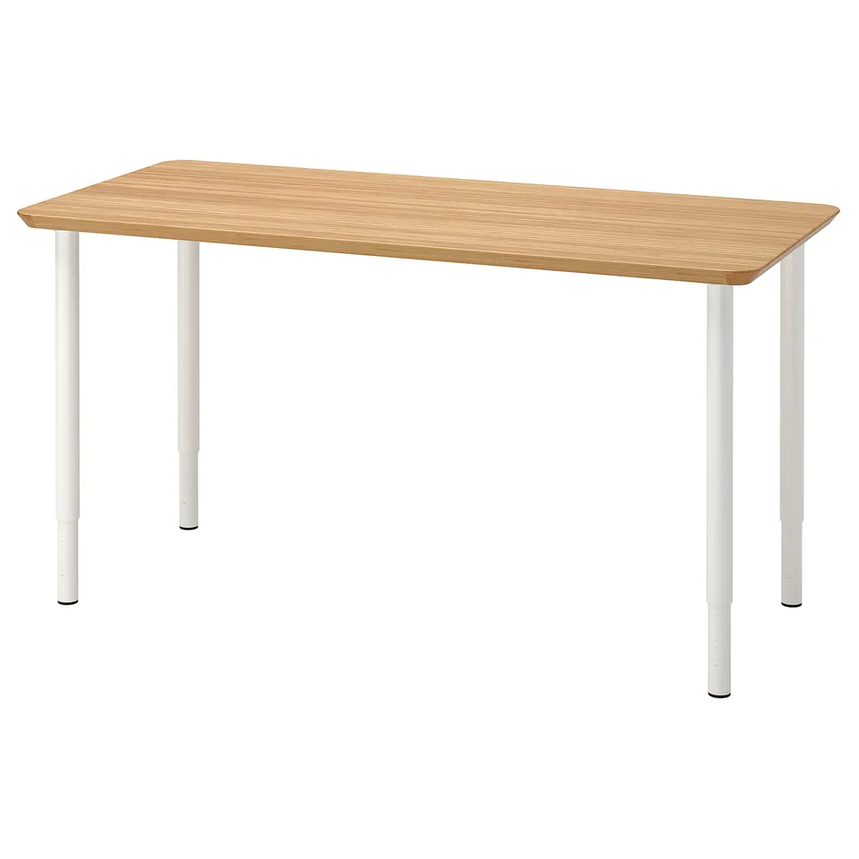 ANFALLARE desk: light wood top, white legs. Adjustable, space-saving design.