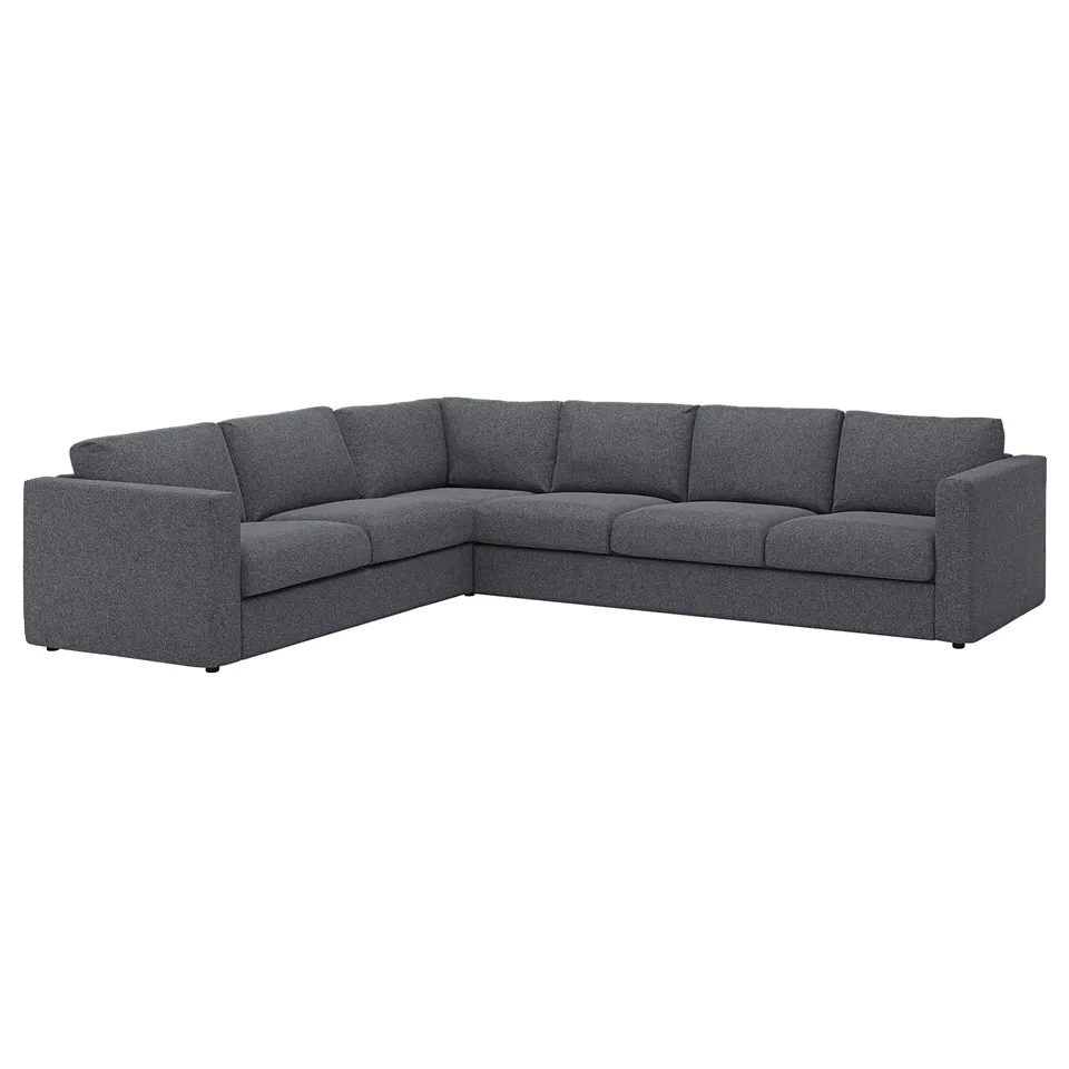 Dark grey corner sofa, modern design, soft upholstery, l-shaped.