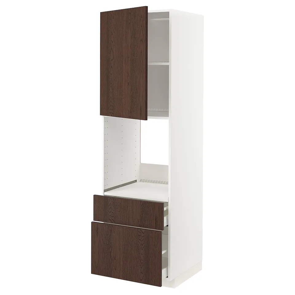 METOD white kitchen unit with dark brown wood drawers and cabinet.