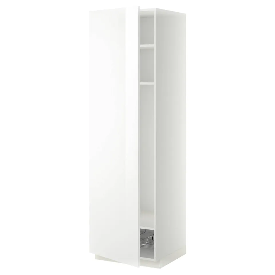 White METOD kitchen cabinet, glossy finish, tall and rectangular with adjustable shelves.