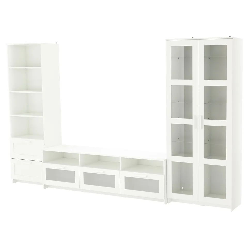 A BRIMNES white tv unit set, featuring shelves and glass-doored cabinets for media storage.