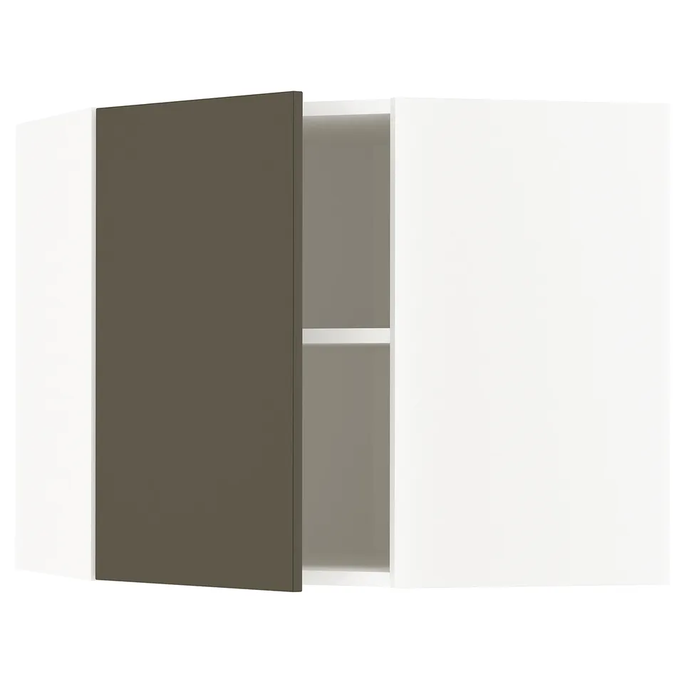 Modern kitchen cabinet with dark brown door and beige interior. Rectangular shape, adjustable shelves.
