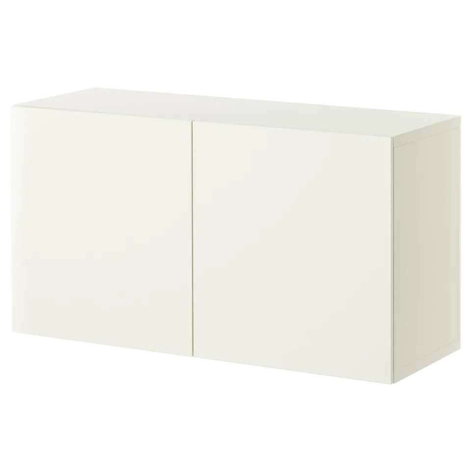 This is an a BESTÅ white cabinet. Its rectangular and two doors, a minimalist design made of particleboard and metal hinges.