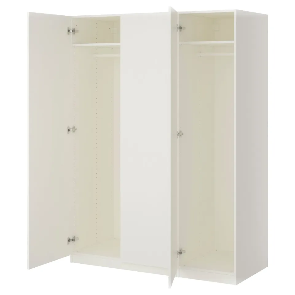 White PAX wardrobe with two open doors, beige interior, simple design.