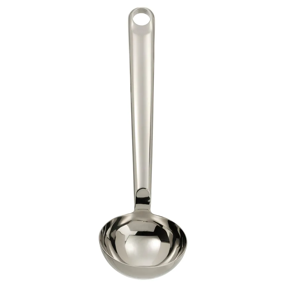 A FINMAT soup ladle with a silver finish. It a stainless steel body and a slightly curved handle designed for easy use.