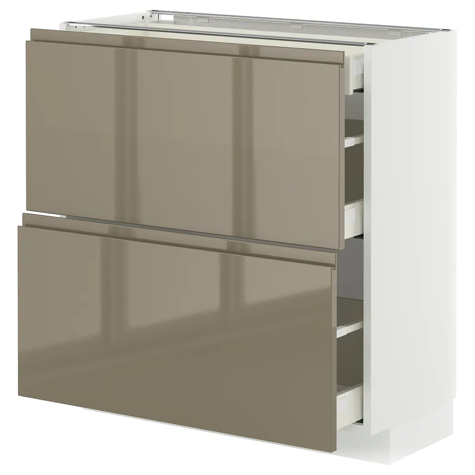 Modern kitchen cabinet, dark grey-brown, sleek, self-closing drawers.