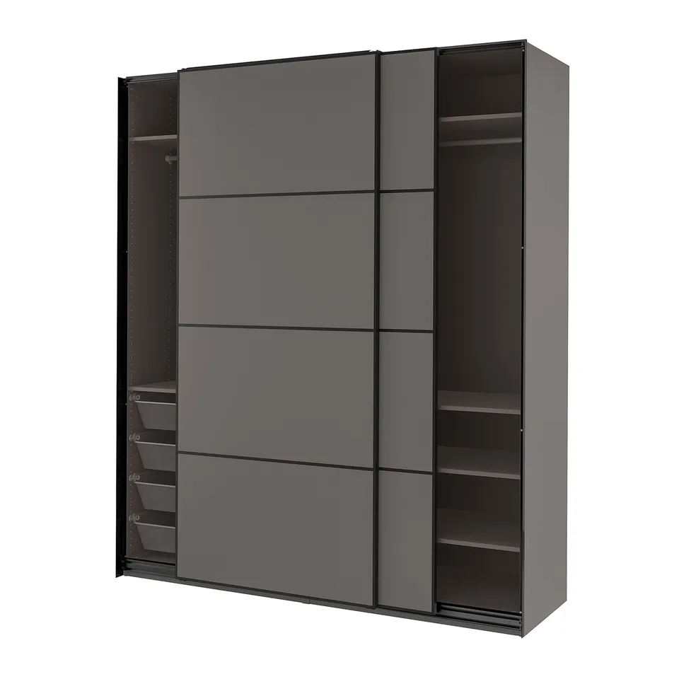 Grey PAX wardrobe with sliding doors, shelves, and mesh baskets.
