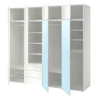PLATSA wardrobe with 8 doors+3 drawers, white STRAUMEN mirror glass/SANNIDAL white, 240x57x221 cm