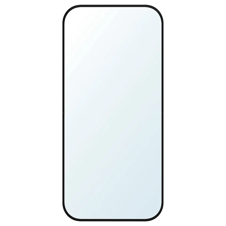 A LINDBYN mirror with black aluminium frame, round edges, suitable for bathroom, can hang vertically or horizontally.