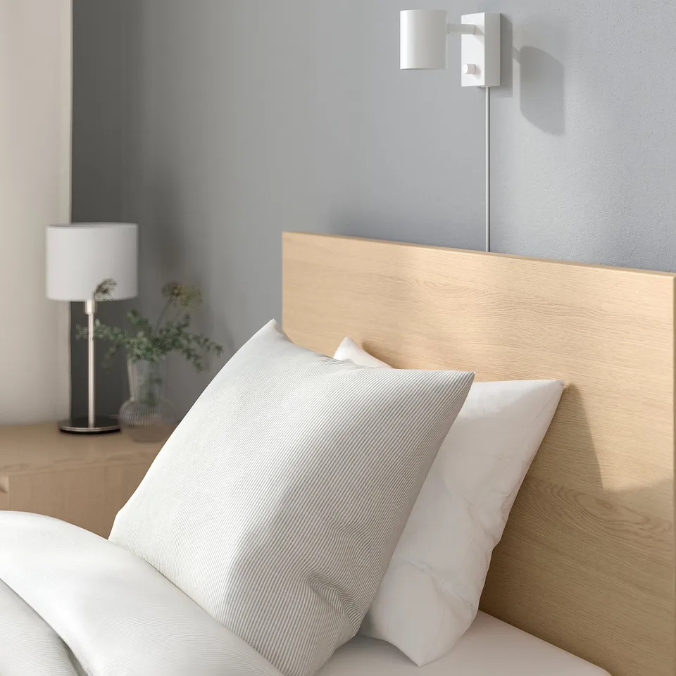 Minimalist bedroom with a light wood headboard against a grey wall, featuring a white pillow and lamp on a bedside table with a plant.