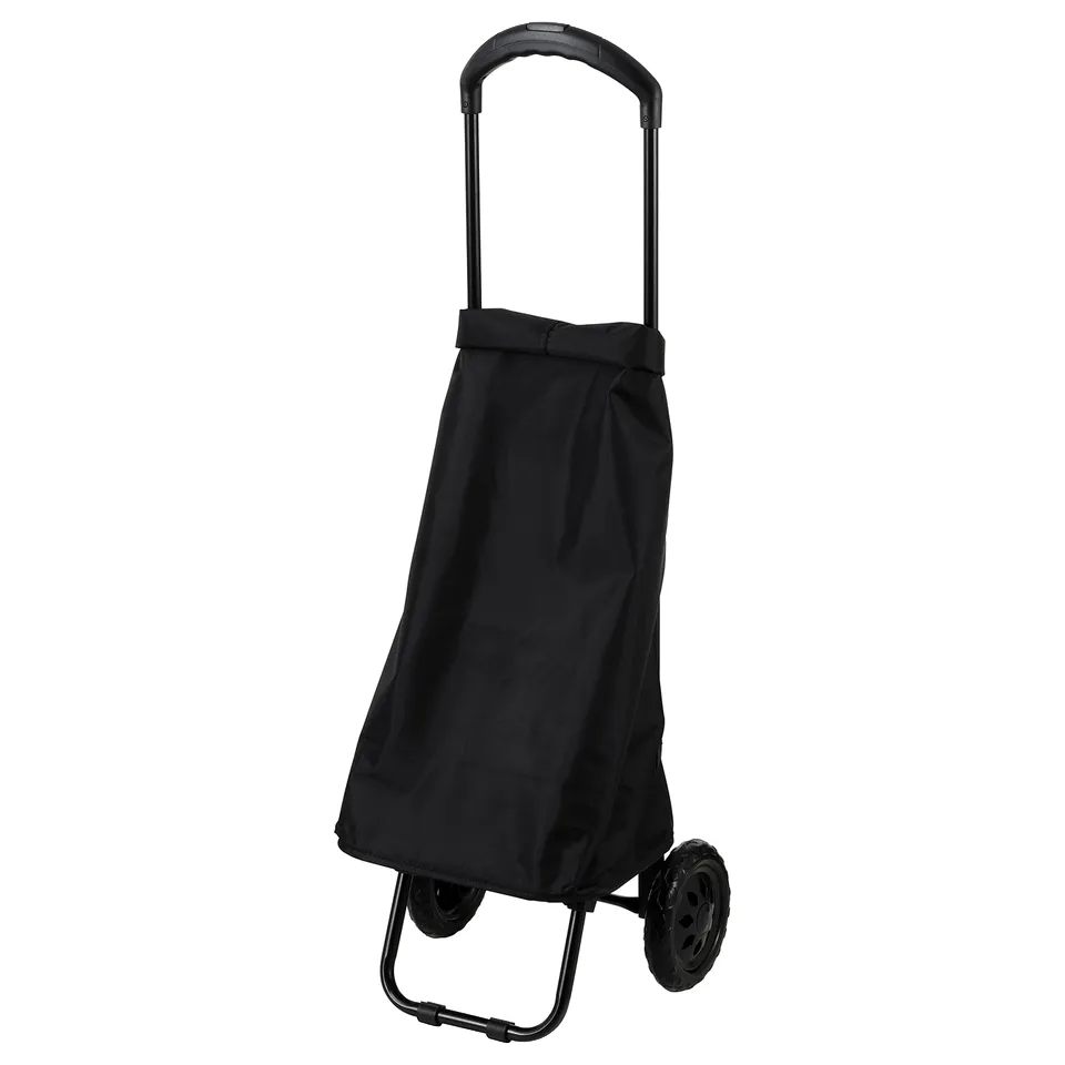A black RADARBULLE shopping cart in black with a fabric bag. It has an adjustable handle and two wheels.