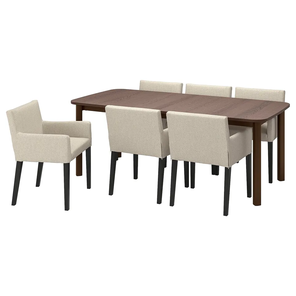 STRANDTORP dining set. Brown extends table and light beige chairs with cushions and dark wooden legs. Modern, clean design.