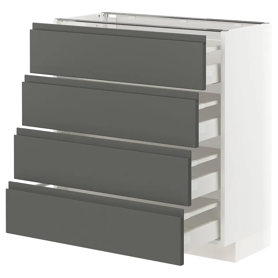 METOD kitchen unit, grey drawers, white frame, modern design.
