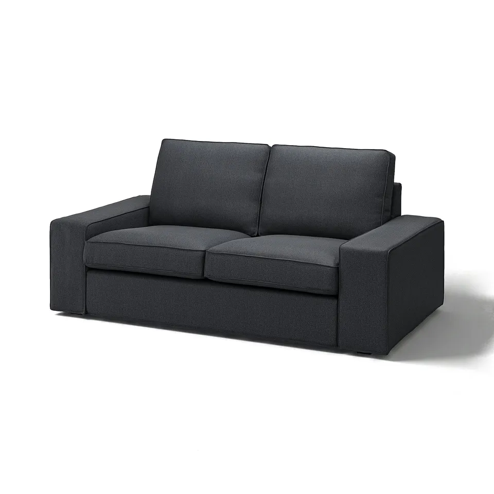 Grey KIVIK sofa. Modern design with boxy shape, cushioned seat and back. Made of recycled polyester and cotton.