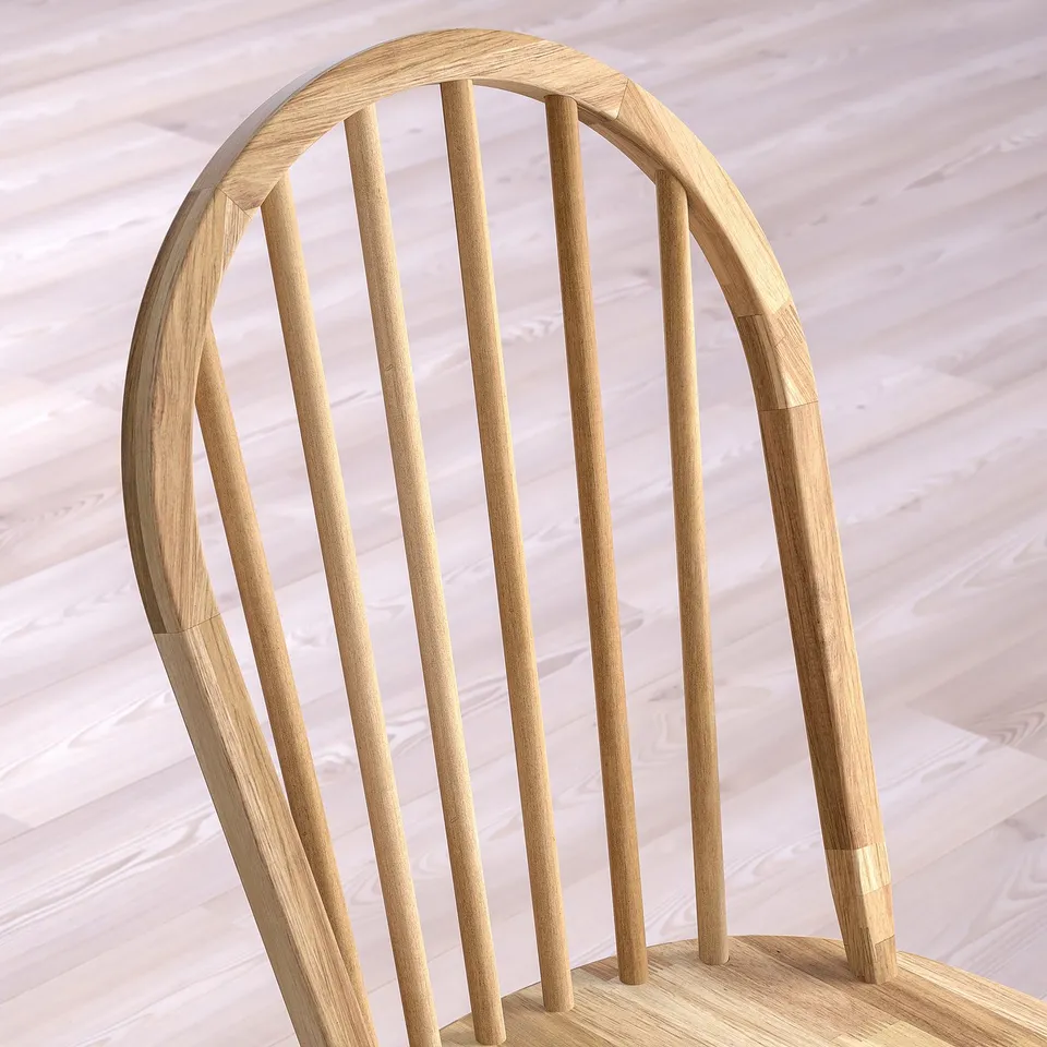 Stylish wooden chair with curved back, multiple slats, angled legs. Crafted with acacia wood, smooth finish.