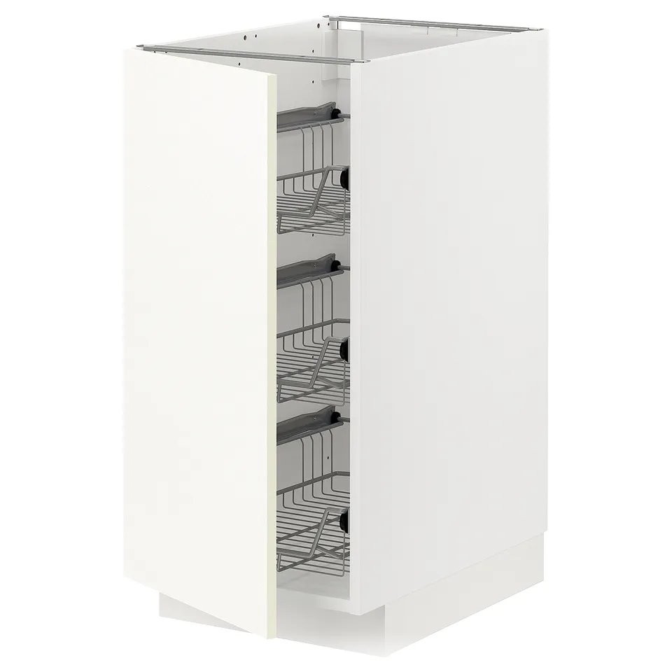 White METOD kitchen cabinet with chrome wire baskets.