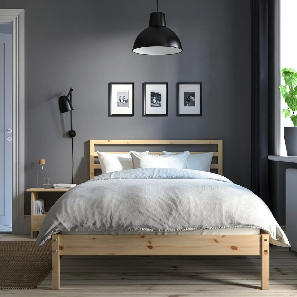 TARVA pine bed, scandinavian. Photos, pendant lamp, wall lamp, bedside table.