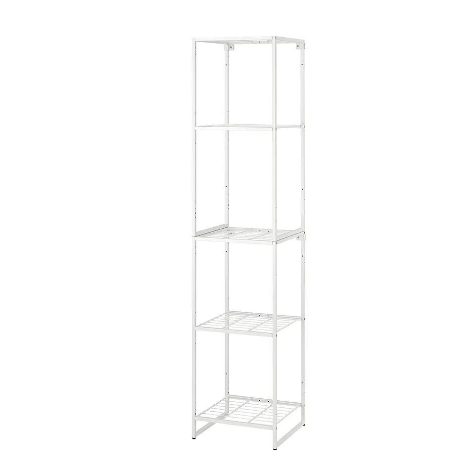 A white JOSTEIN shelving unit with four open shelves made of rust-resistant powder-coated steel, ideal for indoor and outdoor use.