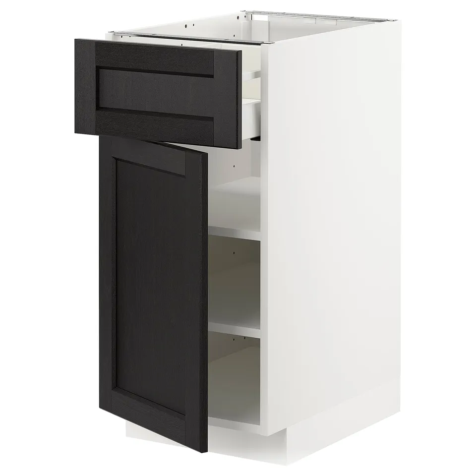 White METOD kitchen cabinet with black stained doors & drawer.