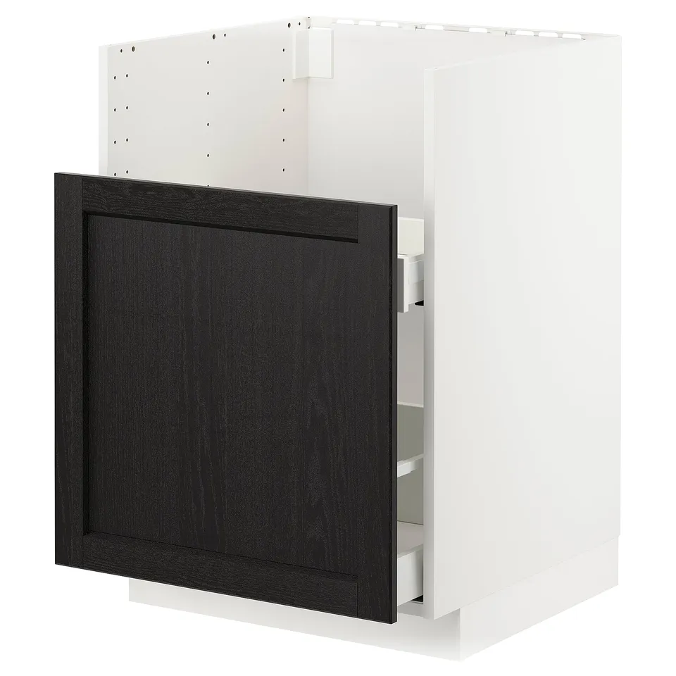 Ikea METOD white kitchen cabinet with black drawer, minimalist design.