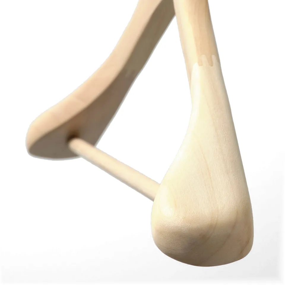Wooden hanger close-up showing smooth, natural finish and sturdy design.