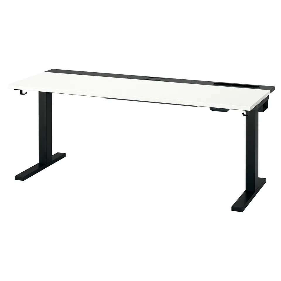 MITTZON desk: white top, black legs, adjustable height. Modern minimalist design.
