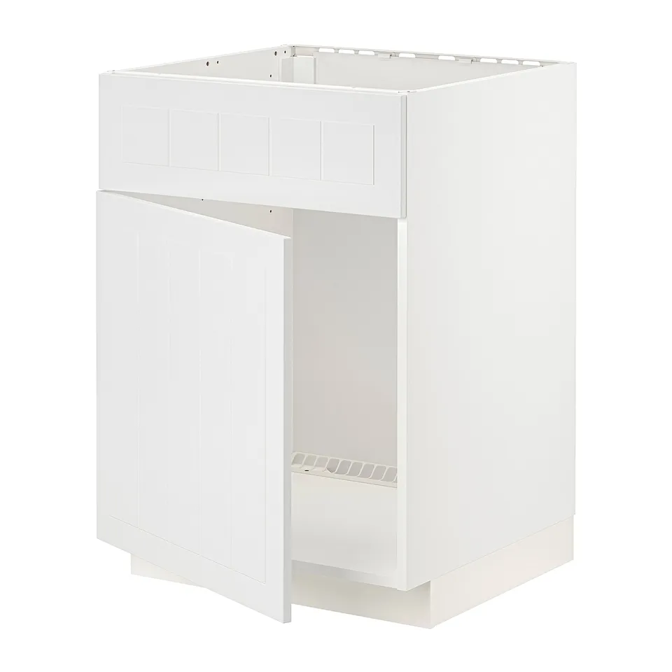 A white METOD kitchen cabinet. It a modern design with a single door and a boxy shape. The cabinet is primarily made of particleboard and fibreboard.