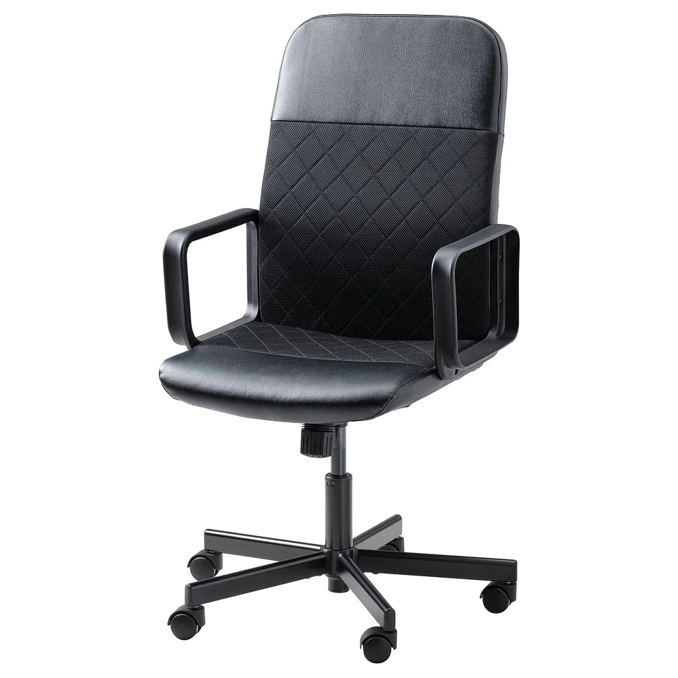 Black RENBERGET office chair with armrests, mesh back, adjustable height, and casters.