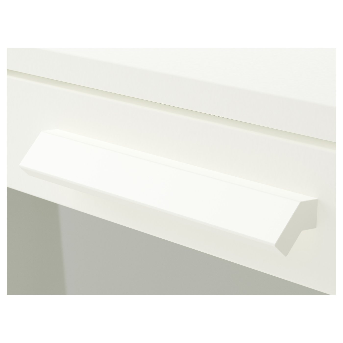 Modern white chest of drawers with three drawers, sleek design, frosted glass top drawer. Safely wall-anchored, smooth running drawers.