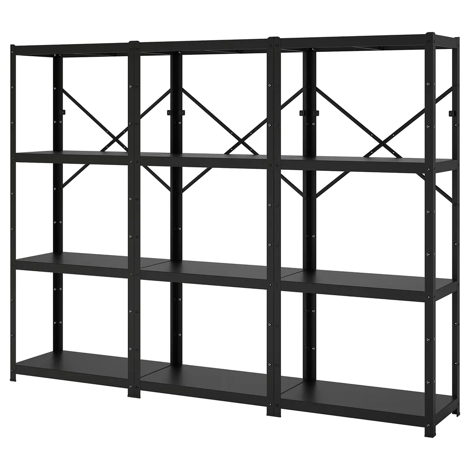 Black, metallic storage shelving unit with multiple open sections.