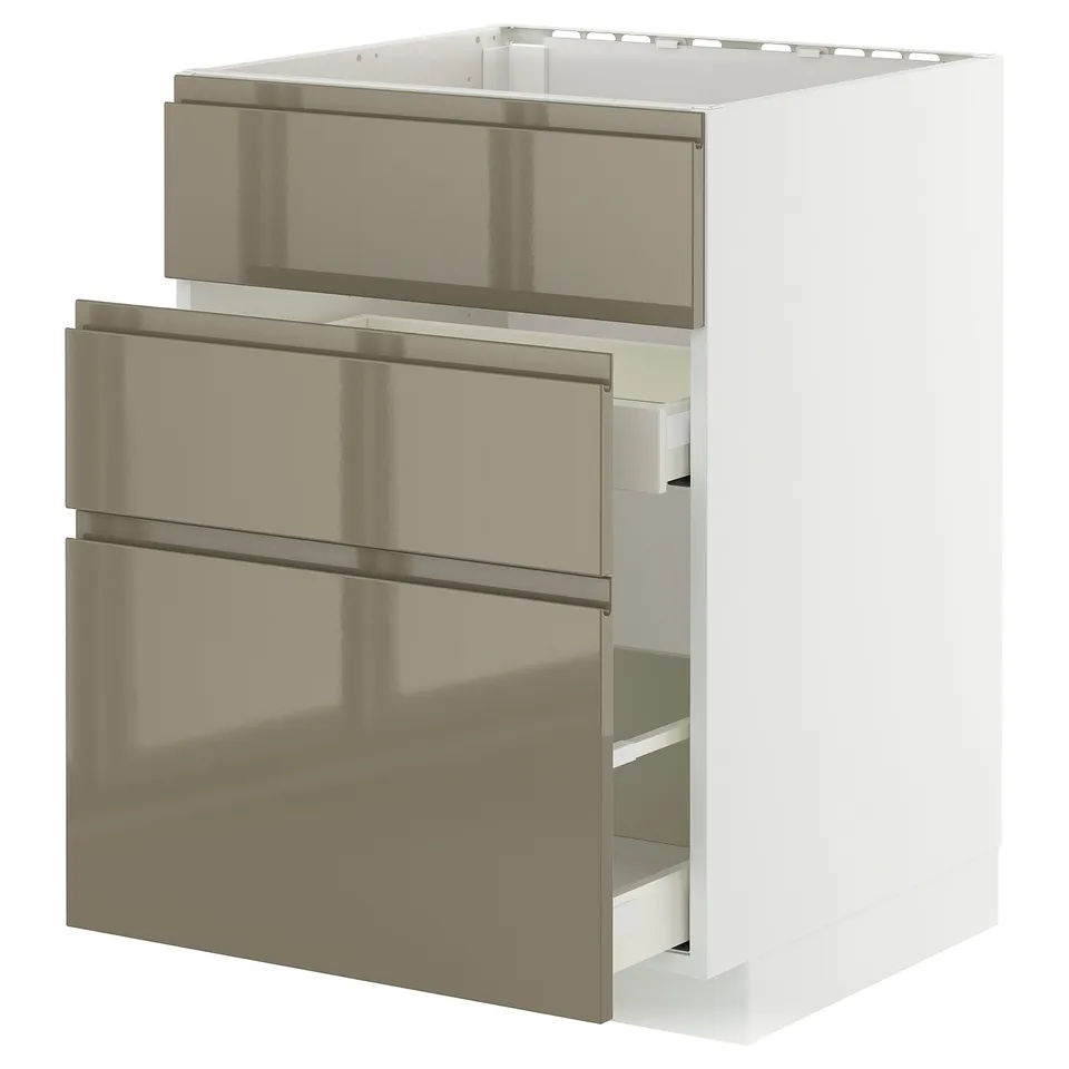 Modern kitchen cabinet with three dark grey-brown metallic drawers, smooth edges, and integrated handles. Sleek, elegant design.