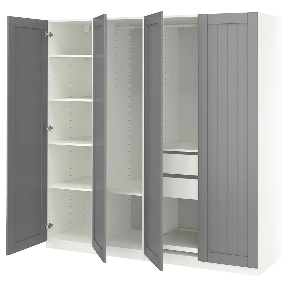 Grey PAX wardrobe with open doors revealing white shelves and drawers.
