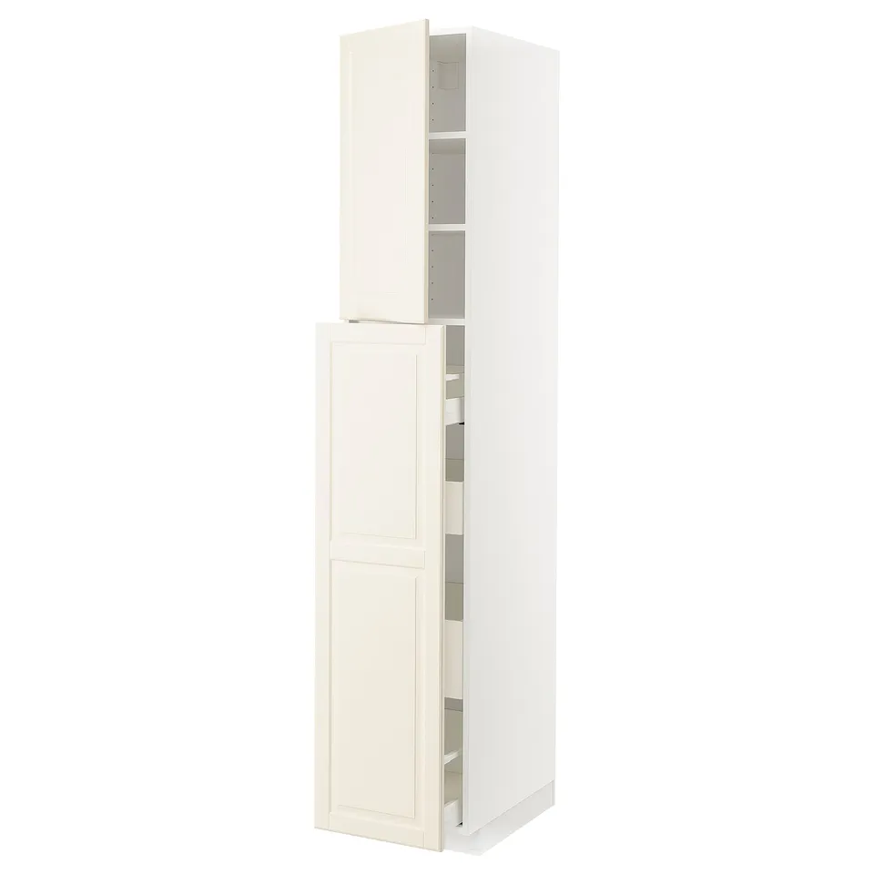 White ikea METOD kitchen cabinet, tall with two open sections.
