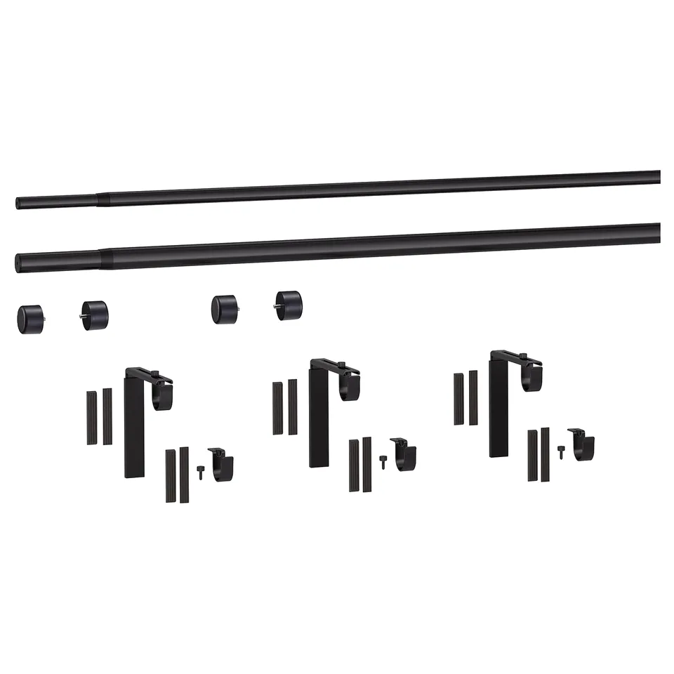 Black HUGAD & räcka curtain rod kit, includes 2 rods, 3 brackets, 3 holders, & 4 finials for double-layer setup.