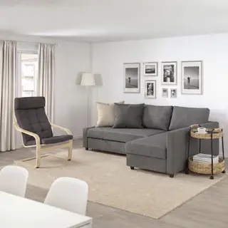 FRIHETEN/LUBBAN/POÄNG Corner sofa-bed with storage/Trolley table with storage/Armchair
